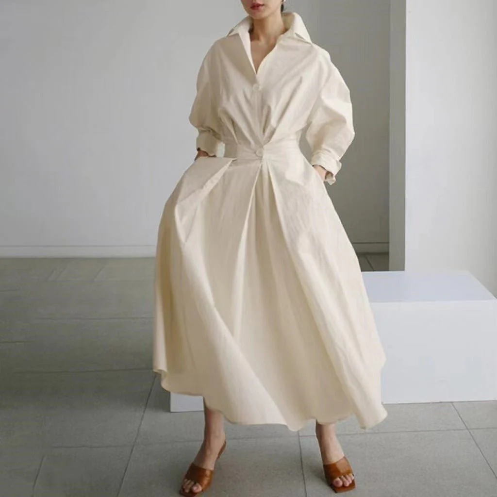 Cotton Linen Polo Collar Long Sleeve Maxi Dress(MS116) - Image 9