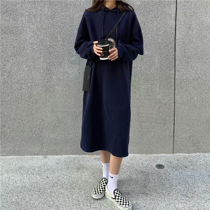 Cozy Hooded Pullover Maxi Dress | Mid-Length Fleece Lined Dress with Side Slits(MS137) - Image 10