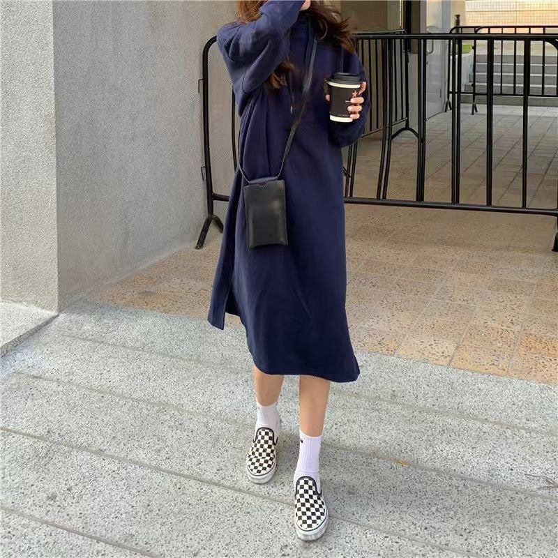 Cozy Hooded Pullover Maxi Dress | Mid-Length Fleece Lined Dress with Side Slits(MS137) - Image 11