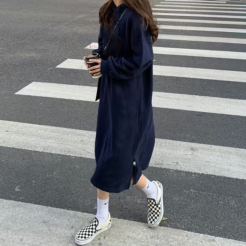 Cozy Hooded Pullover Maxi Dress | Mid-Length Fleece Lined Dress with Side Slits(MS137) - Image 12