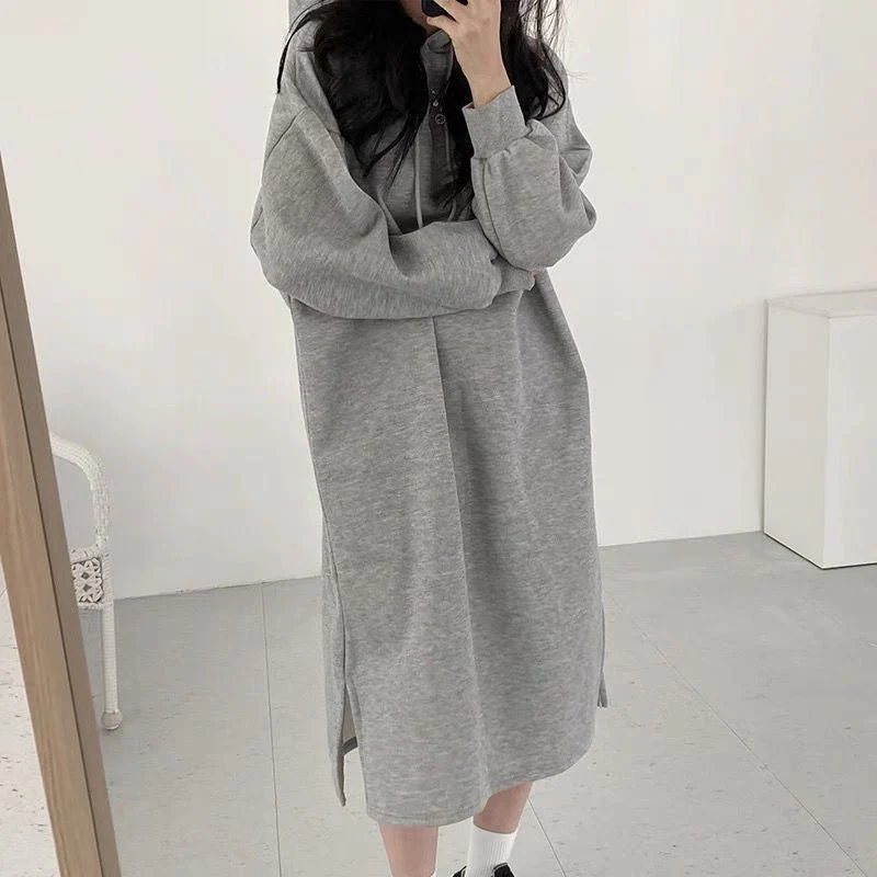 Cozy Hooded Pullover Maxi Dress | Mid-Length Fleece Lined Dress with Side Slits(MS137) - Image 2