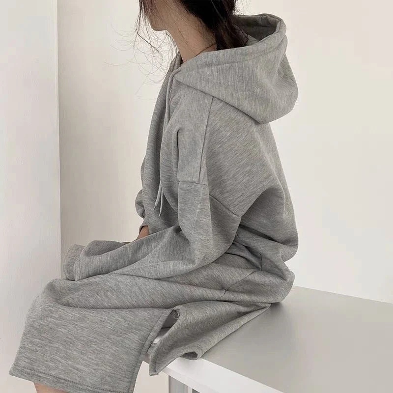 Cozy Hooded Pullover Maxi Dress | Mid-Length Fleece Lined Dress with Side Slits(MS137) - Image 3