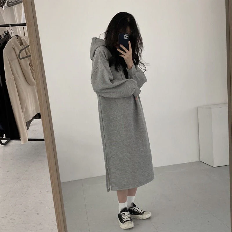 Cozy Hooded Pullover Maxi Dress | Mid-Length Fleece Lined Dress with Side Slits(MS137) - Image 4