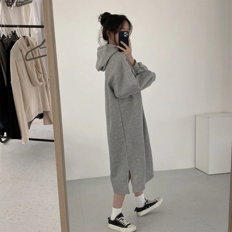 Cozy Hooded Pullover Maxi Dress | Mid-Length Fleece Lined Dress with Side Slits(MS137) - Image 5