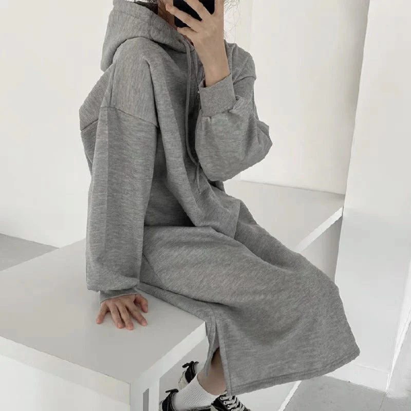 Cozy Hooded Pullover Maxi Dress | Mid-Length Fleece Lined Dress with Side Slits(MS137) - Image 6