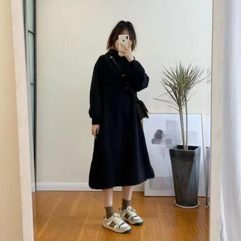 Cozy Hooded Pullover Maxi Dress | Mid-Length Fleece Lined Dress with Side Slits(MS137) - Image 7