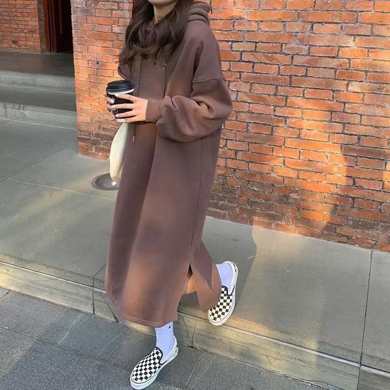 Cozy Hooded Pullover Maxi Dress | Mid-Length Fleece Lined Dress with Side Slits(MS137) - Image 8