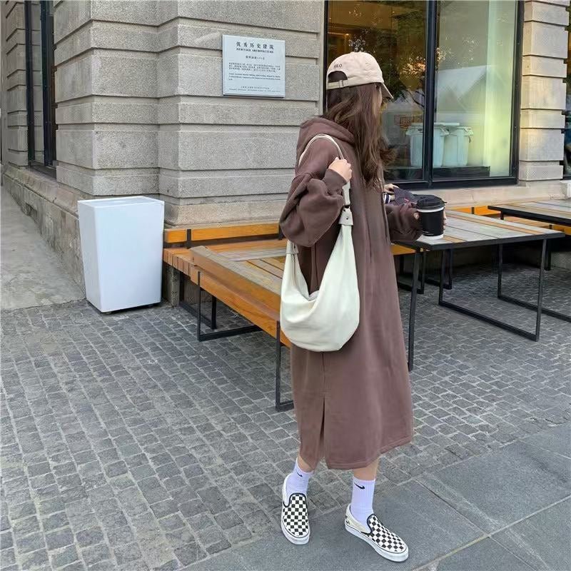 Cozy Hooded Pullover Maxi Dress | Mid-Length Fleece Lined Dress with Side Slits(MS137) - Image 9