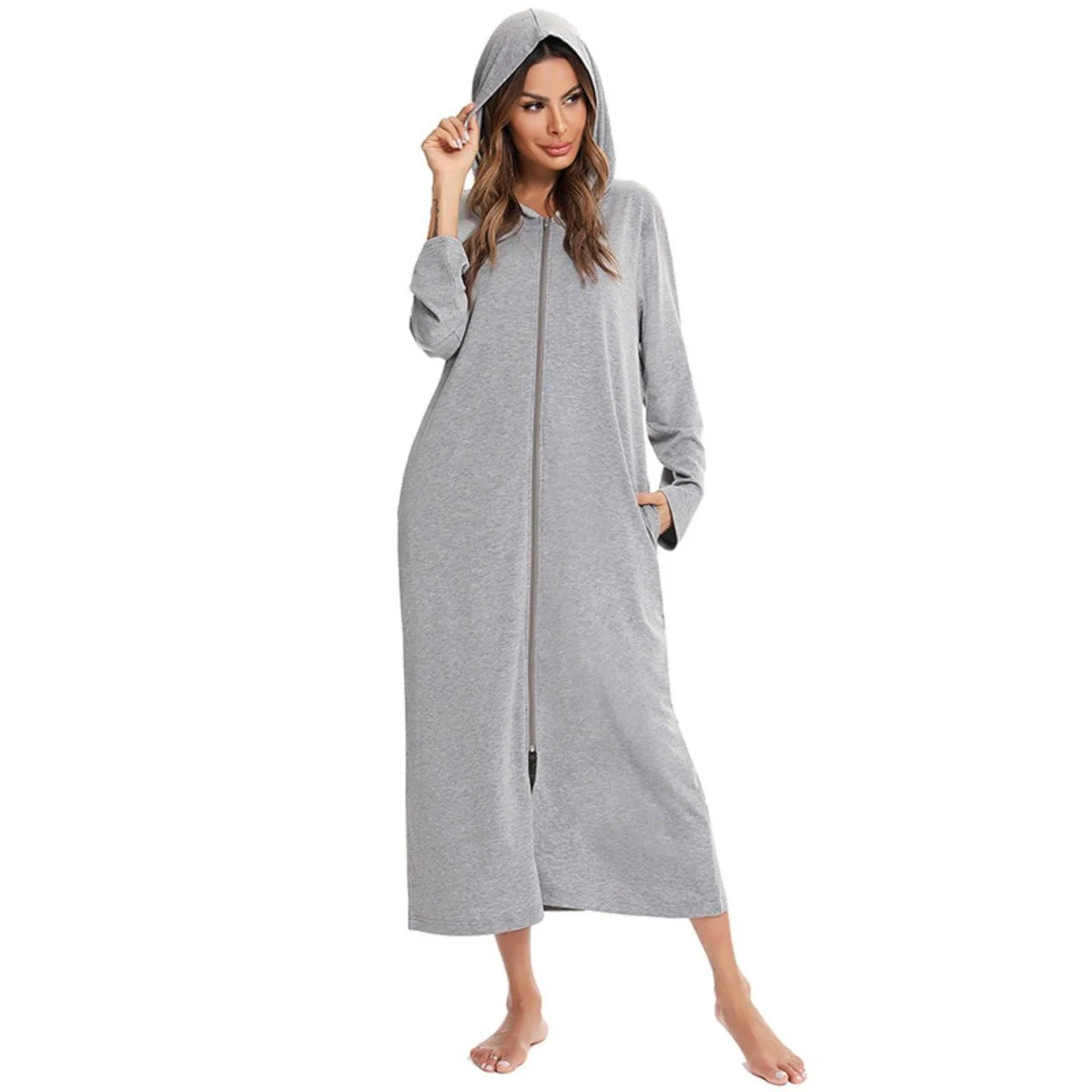 Cozy Longline Zip-Up Cardigan with Pockets | Home Wear Comfort(MS110) - Image 15