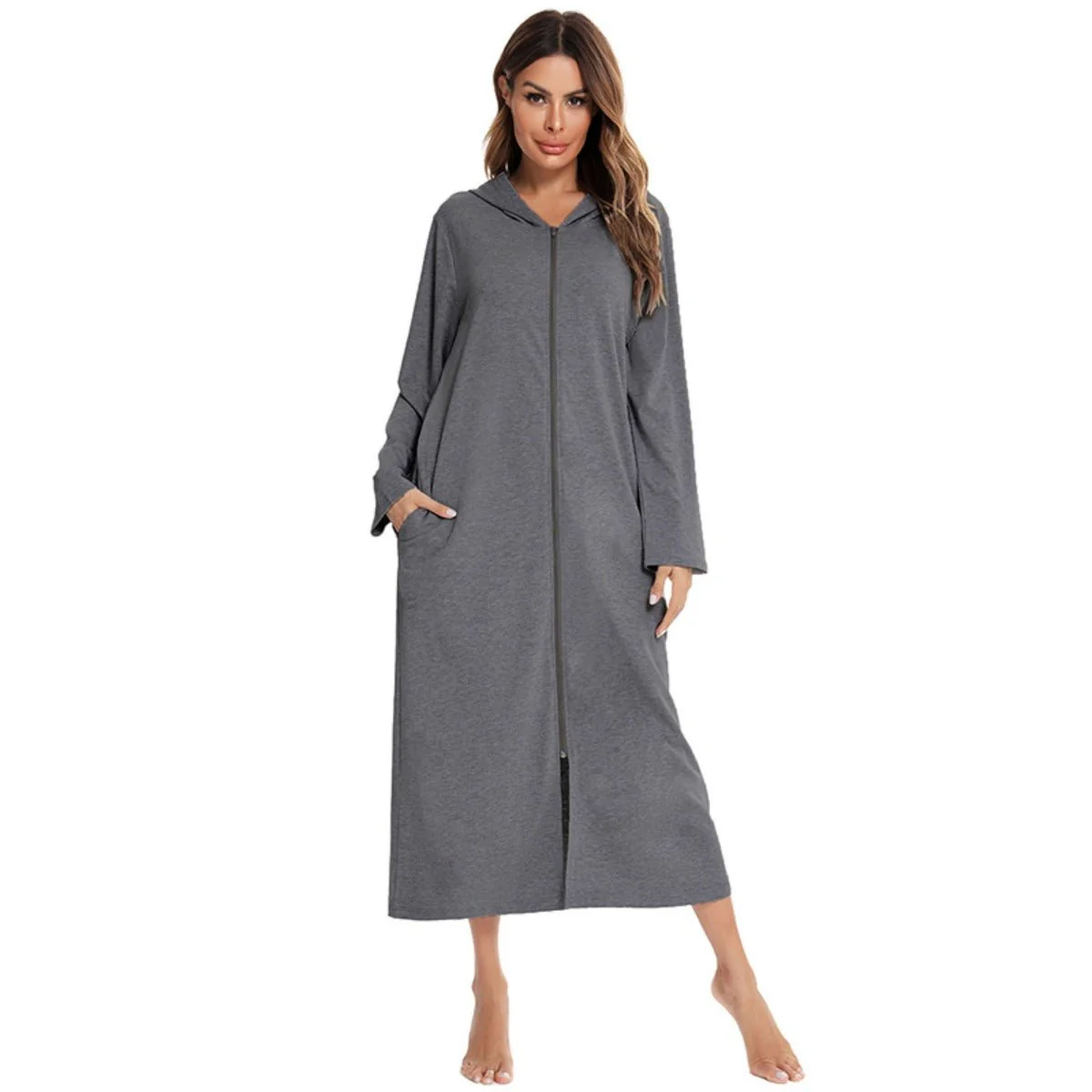 Cozy Longline Zip-Up Cardigan with Pockets | Home Wear Comfort(MS110) - Image 3