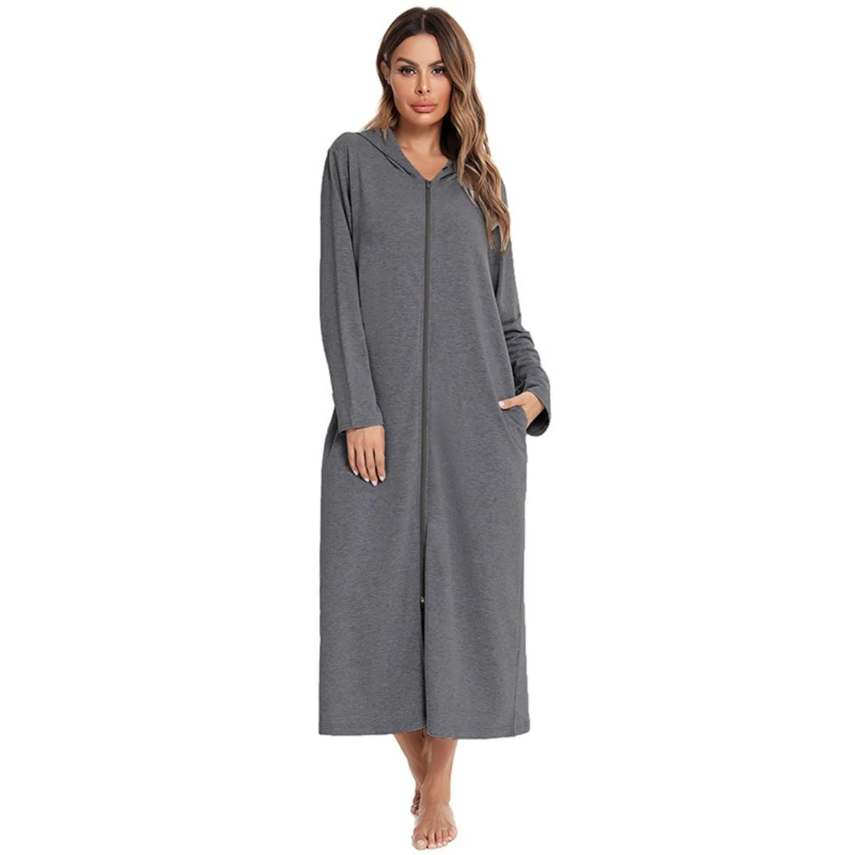 Cozy Longline Zip-Up Cardigan with Pockets | Home Wear Comfort(MS110) - Image 4