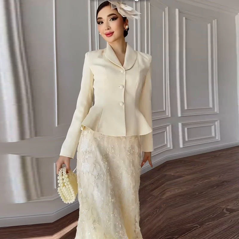 Cream Peplum Jacket & Lace Skirt Set(MS284) - Image 3