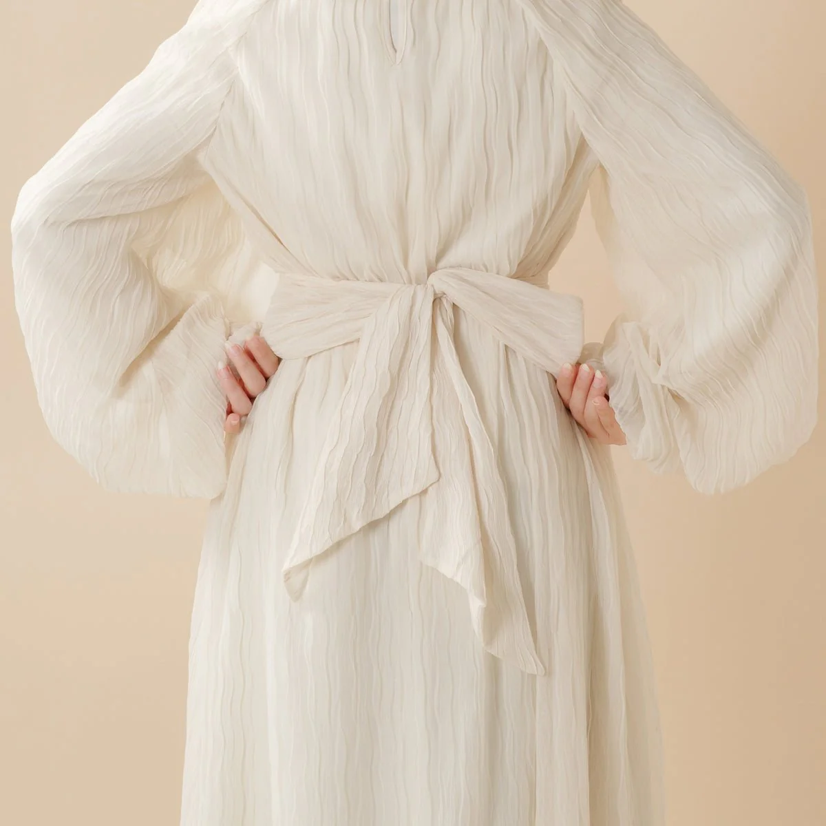 Cream White Puff Sleeves Abaya |  Pleat Textured Maxi Dress Abaya (MA152) - Image 2