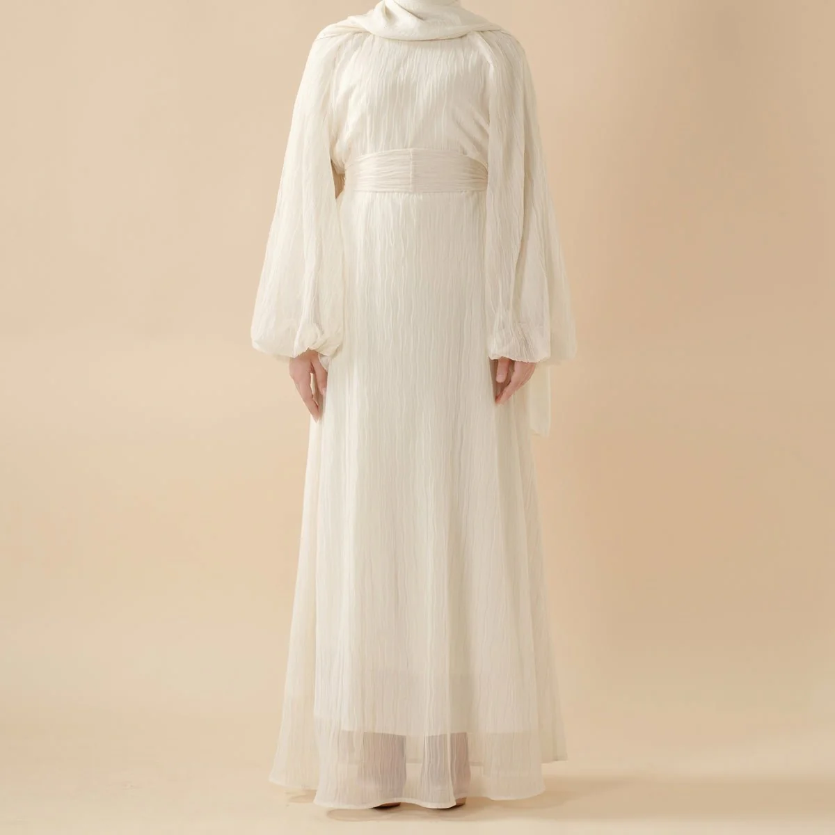 Cream White Puff Sleeves Abaya |  Pleat Textured Maxi Dress Abaya (MA152) - Image 3
