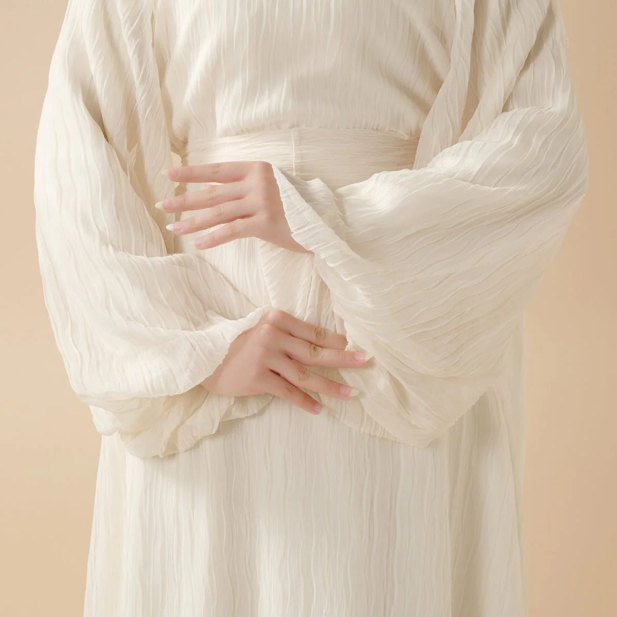 Cream White Puff Sleeves Abaya |  Pleat Textured Maxi Dress Abaya (MA152) - Image 4