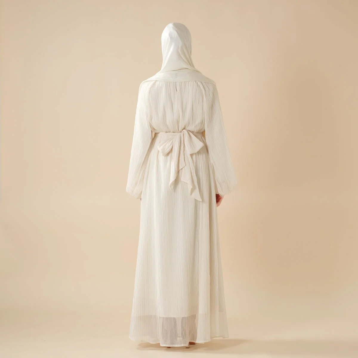Cream White Puff Sleeves Abaya |  Pleat Textured Maxi Dress Abaya (MA152) - Image 5