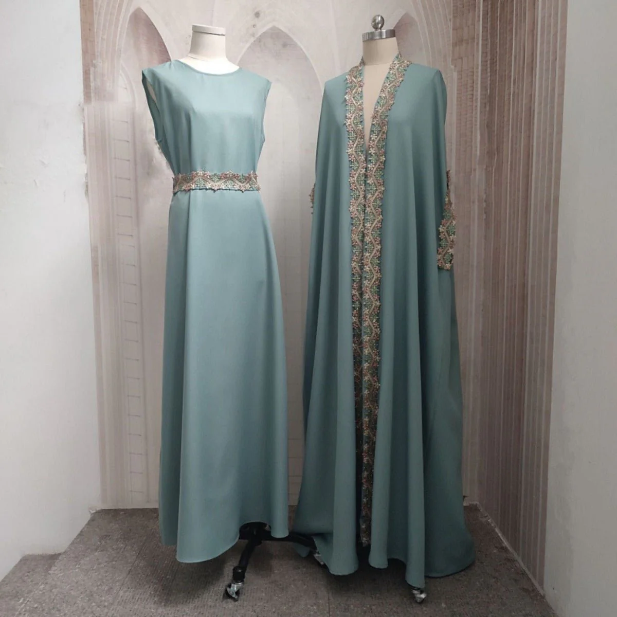Mint Gold Bell Sleeve Abaya & Robe | Formal Muslim Luxury Two-Piece (MOA177) - Image 2