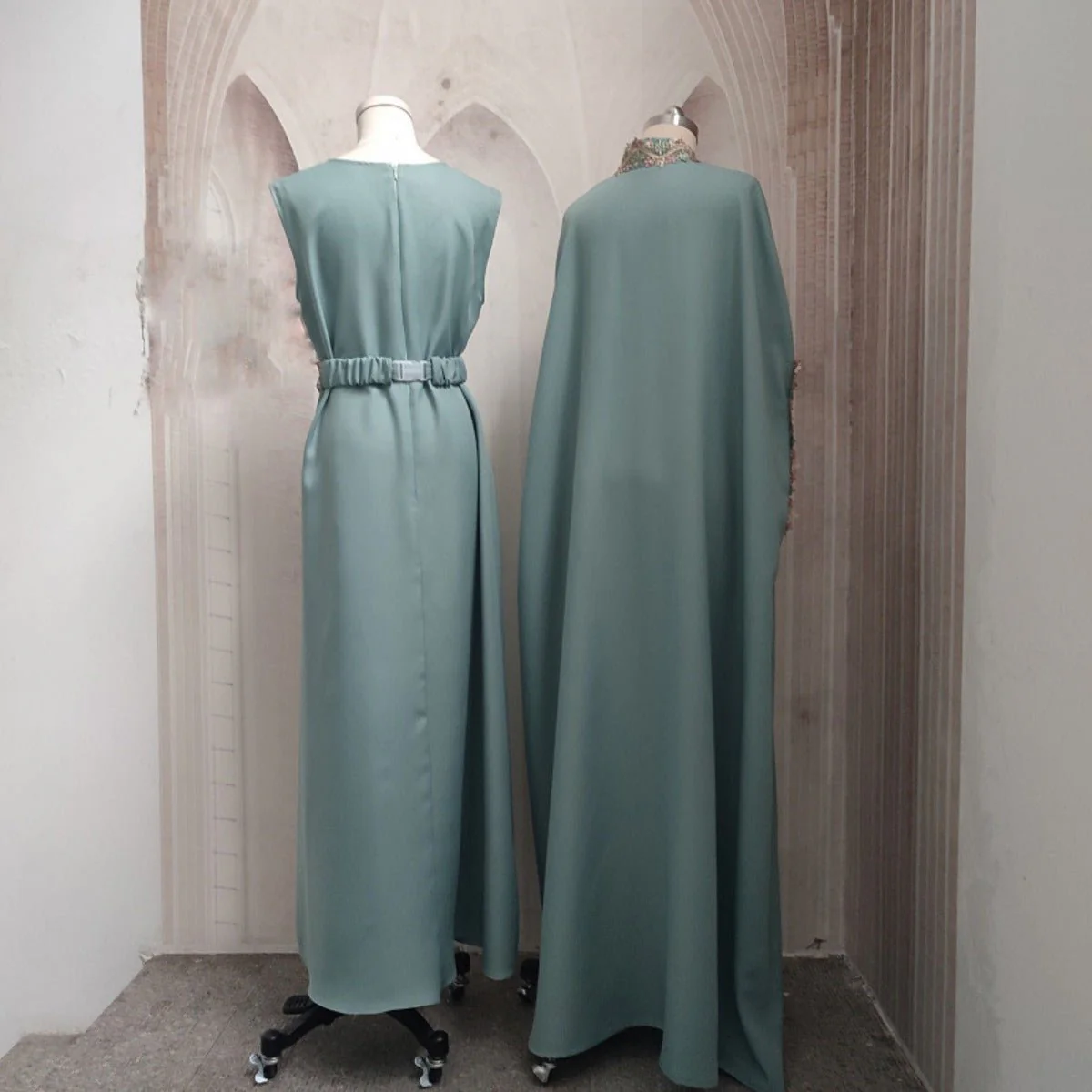 Mint Gold Bell Sleeve Abaya & Robe | Formal Muslim Luxury Two-Piece (MOA177) - Image 3