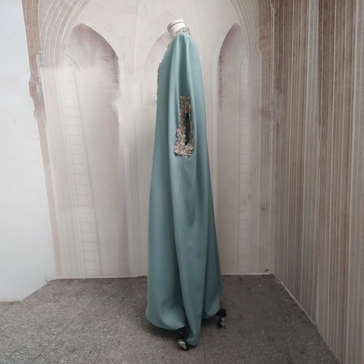 Mint Gold Bell Sleeve Abaya & Robe | Formal Muslim Luxury Two-Piece (MOA177) - Image 4