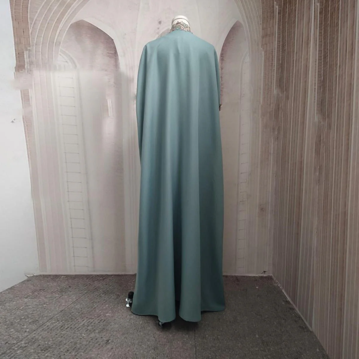 Mint Gold Bell Sleeve Abaya & Robe | Formal Muslim Luxury Two-Piece (MOA177) - Image 5