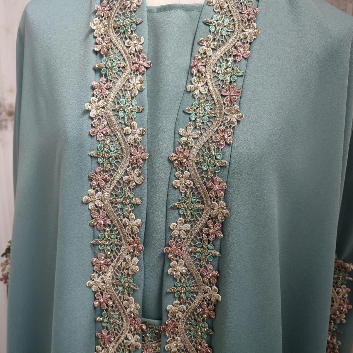 Mint Gold Bell Sleeve Abaya & Robe | Formal Muslim Luxury Two-Piece (MOA177) - Image 6