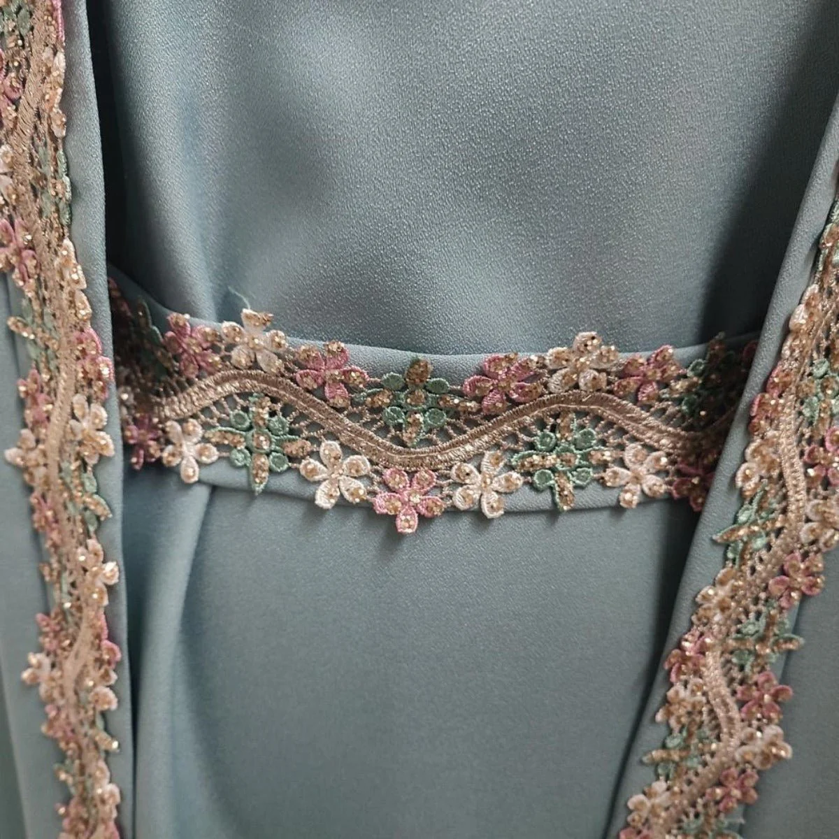 Mint Gold Bell Sleeve Abaya & Robe | Formal Muslim Luxury Two-Piece (MOA177) - Image 7