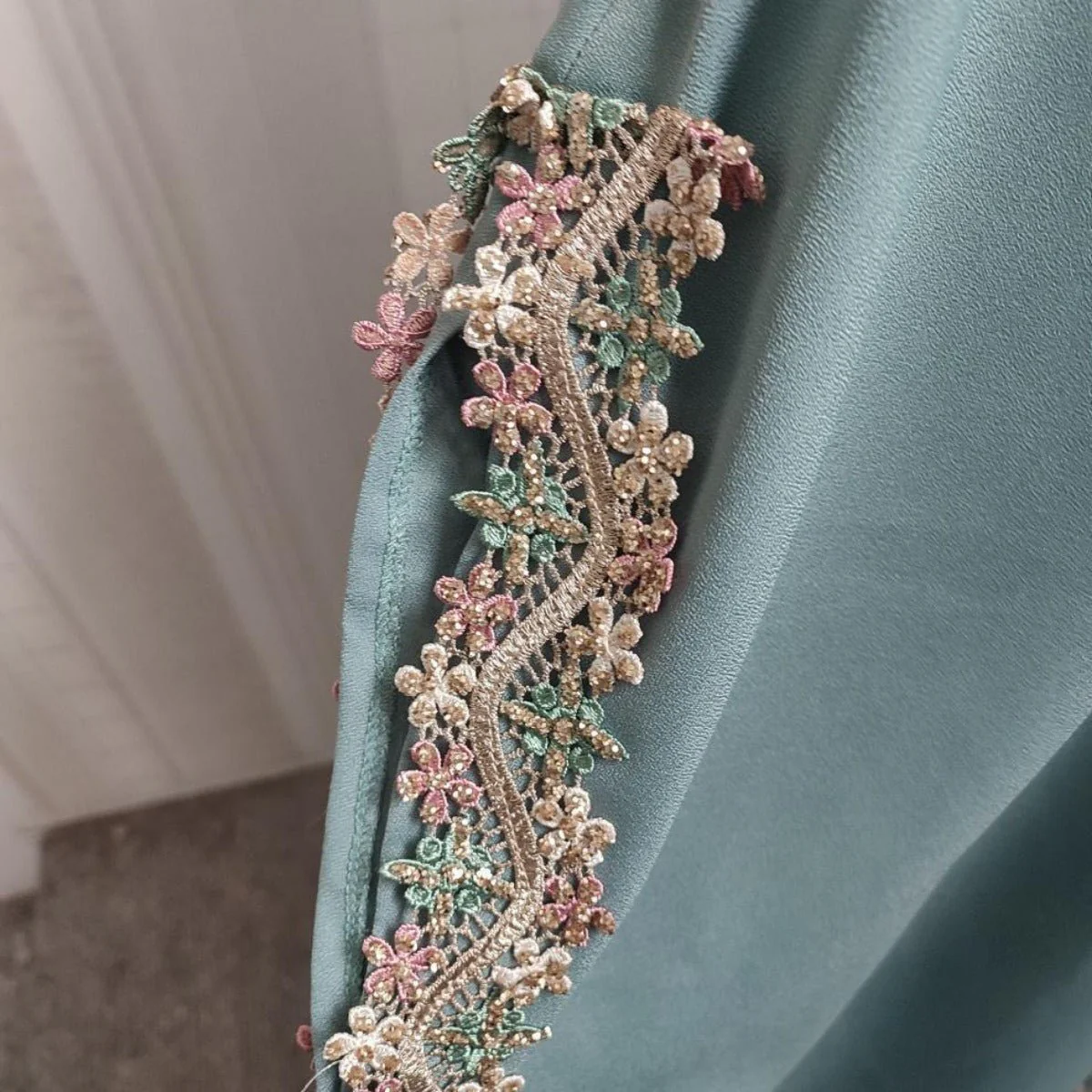 Mint Gold Bell Sleeve Abaya & Robe | Formal Muslim Luxury Two-Piece (MOA177) - Image 8