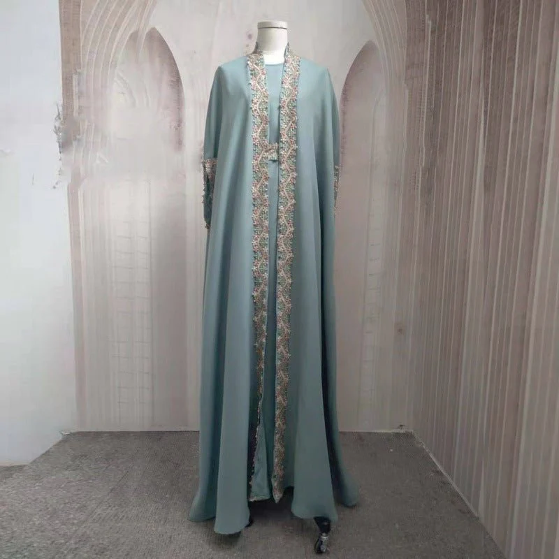 Mint Gold Bell Sleeve Abaya & Robe | Formal Muslim Luxury Two-Piece (MOA177) - Image 9