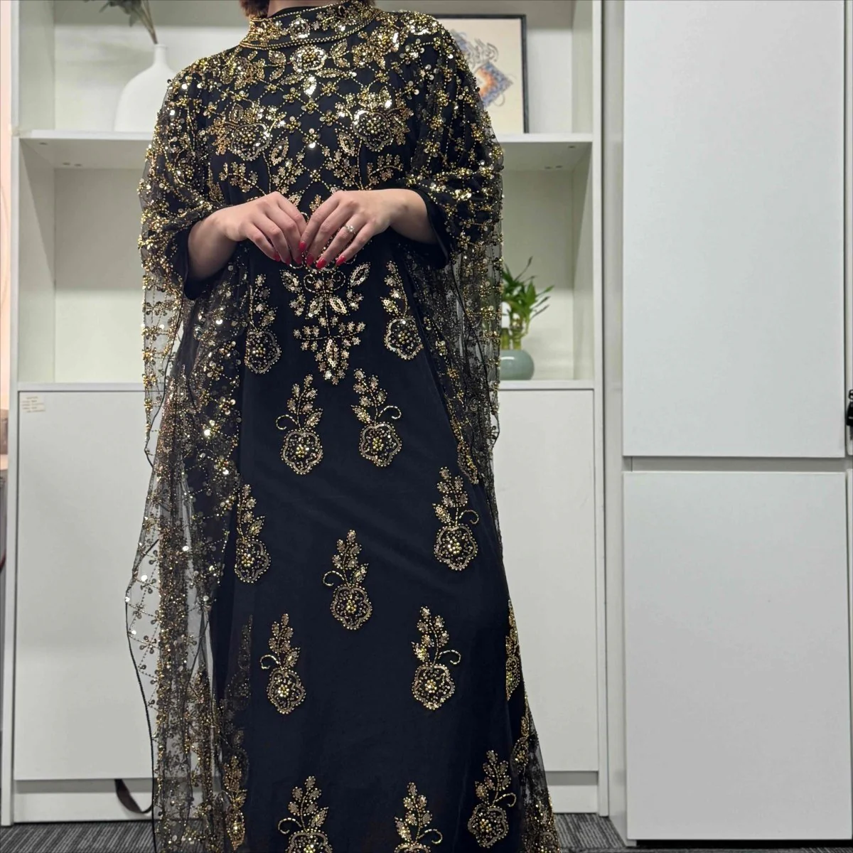 Crystal Beaded Cape Overlay Abaya Set (MA427) - Image 10