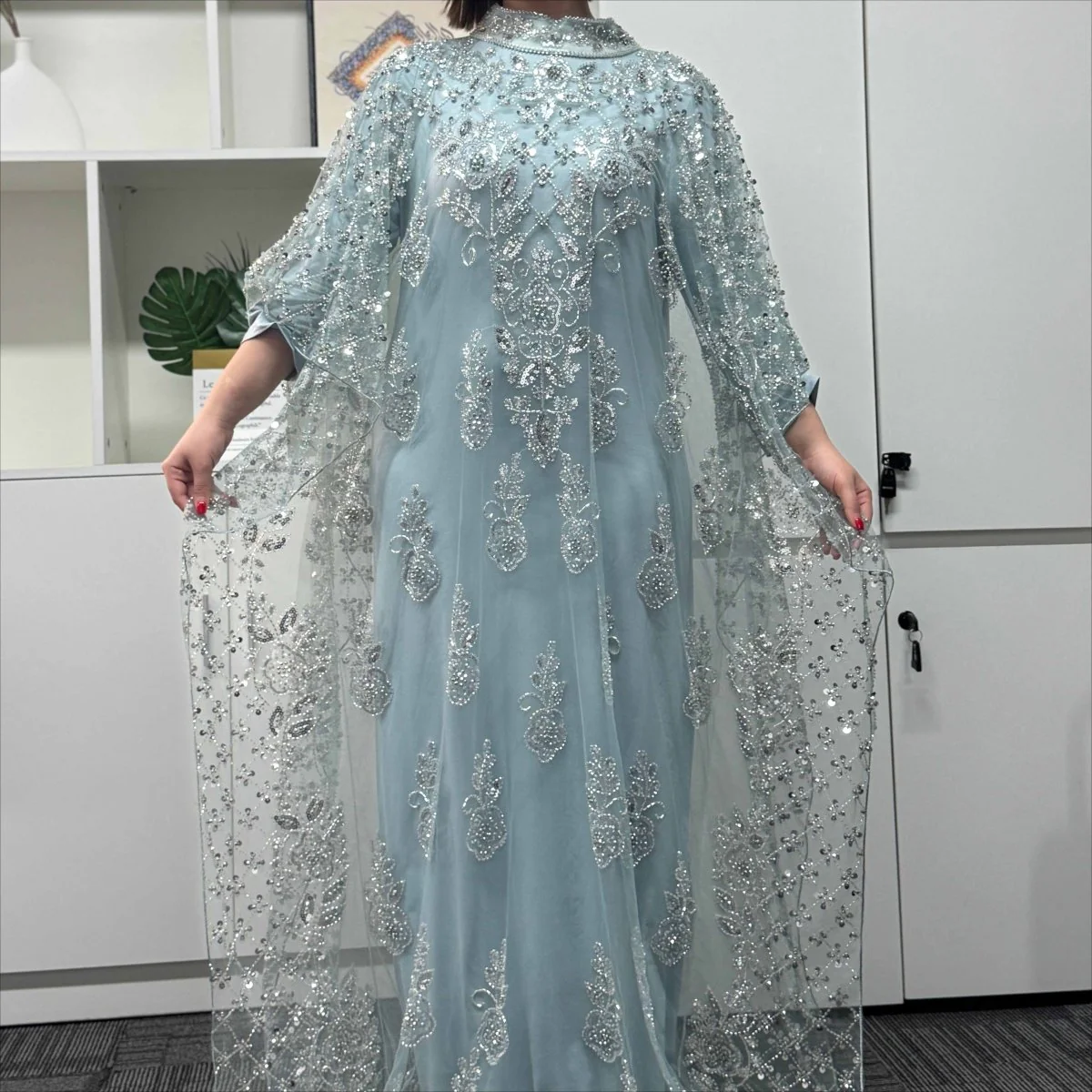 Crystal Beaded Cape Overlay Abaya Set (MA427) - Image 13