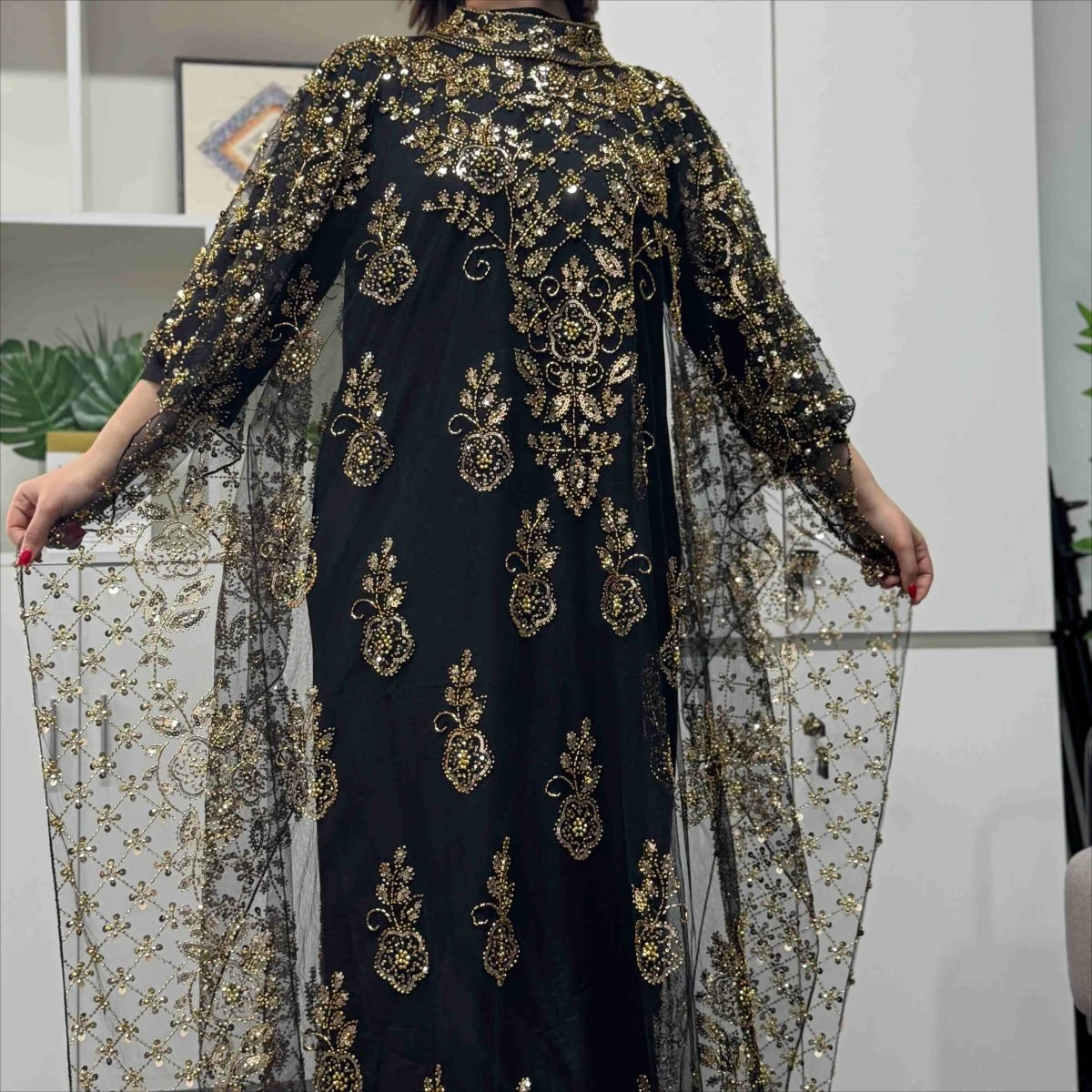 Crystal Beaded Cape Overlay Abaya Set (MA427) - Image 7