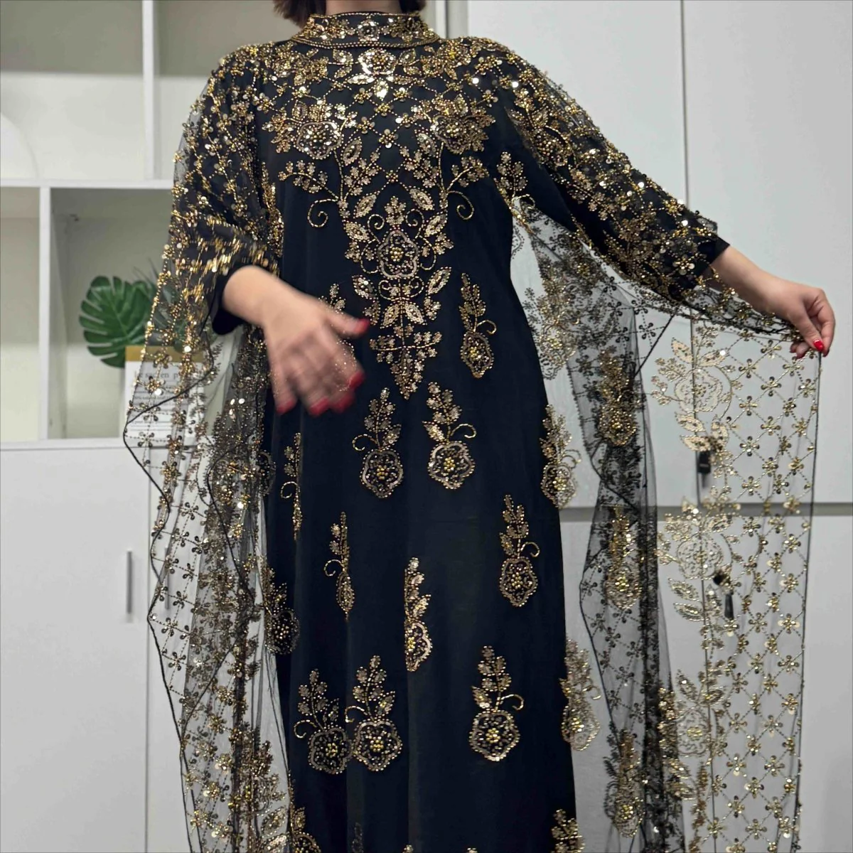 Crystal Beaded Cape Overlay Abaya Set (MA427) - Image 8