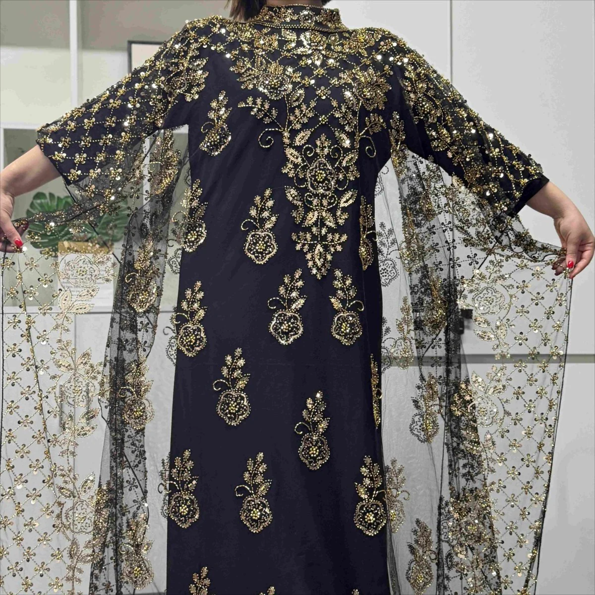 Crystal Beaded Cape Overlay Abaya Set (MA427) - Image 9