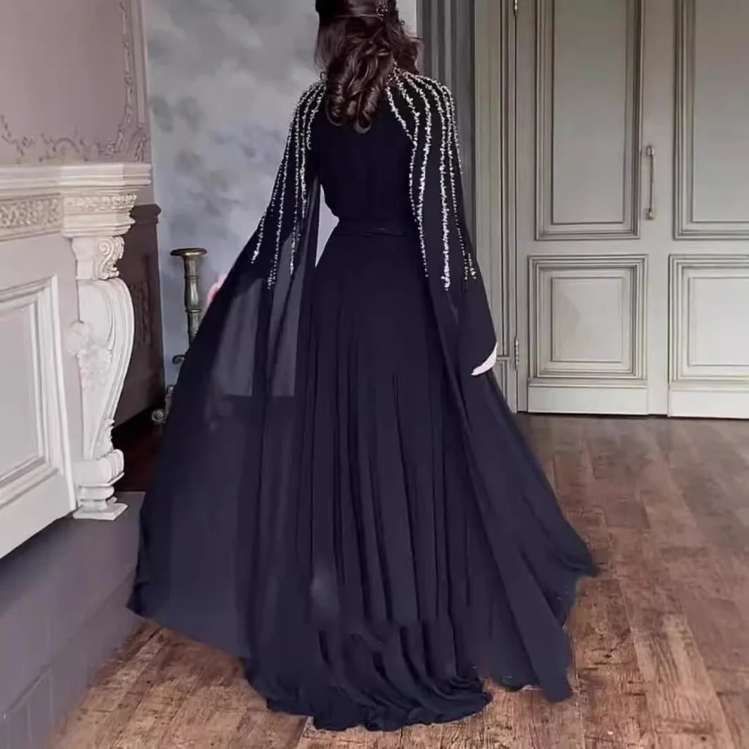 Crystal Cascade Cape Gown | Dramatic Embellished Evening Abay(MA345) - Image 5