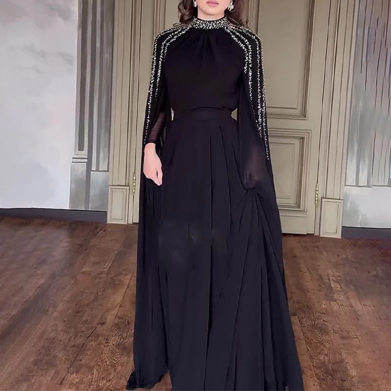 Crystal Cascade Cape Gown | Dramatic Embellished Evening Abay(MA345) - Image 9