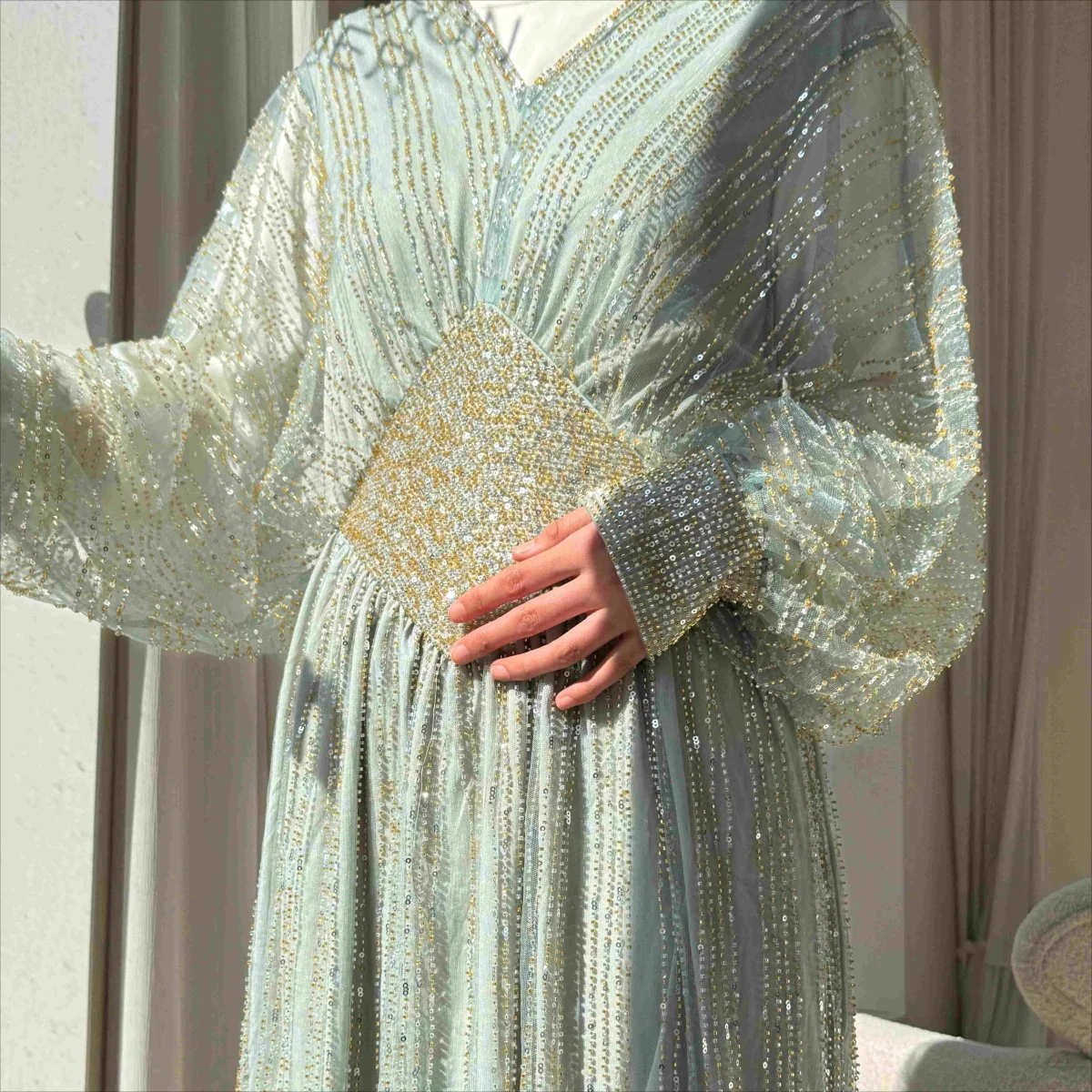 Crystal-Embellished Elegant Abaya with Defined Waist Silhouette (MA391) - Image 11