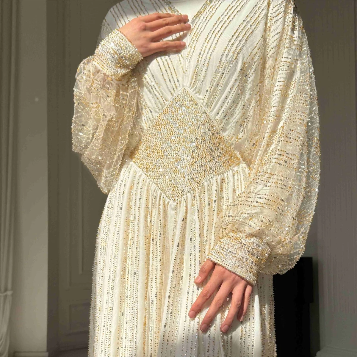 Crystal-Embellished Elegant Abaya with Defined Waist Silhouette (MA391) - Image 2