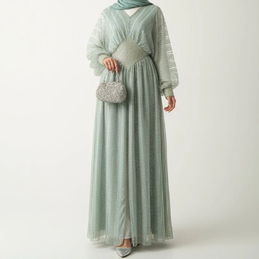 Crystal-Embellished Elegant Abaya with Defined Waist Silhouette (MA391) - Image 4