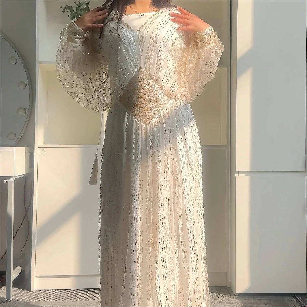 Crystal-Embellished Elegant Abaya with Defined Waist Silhouette (MA391) - Image 7