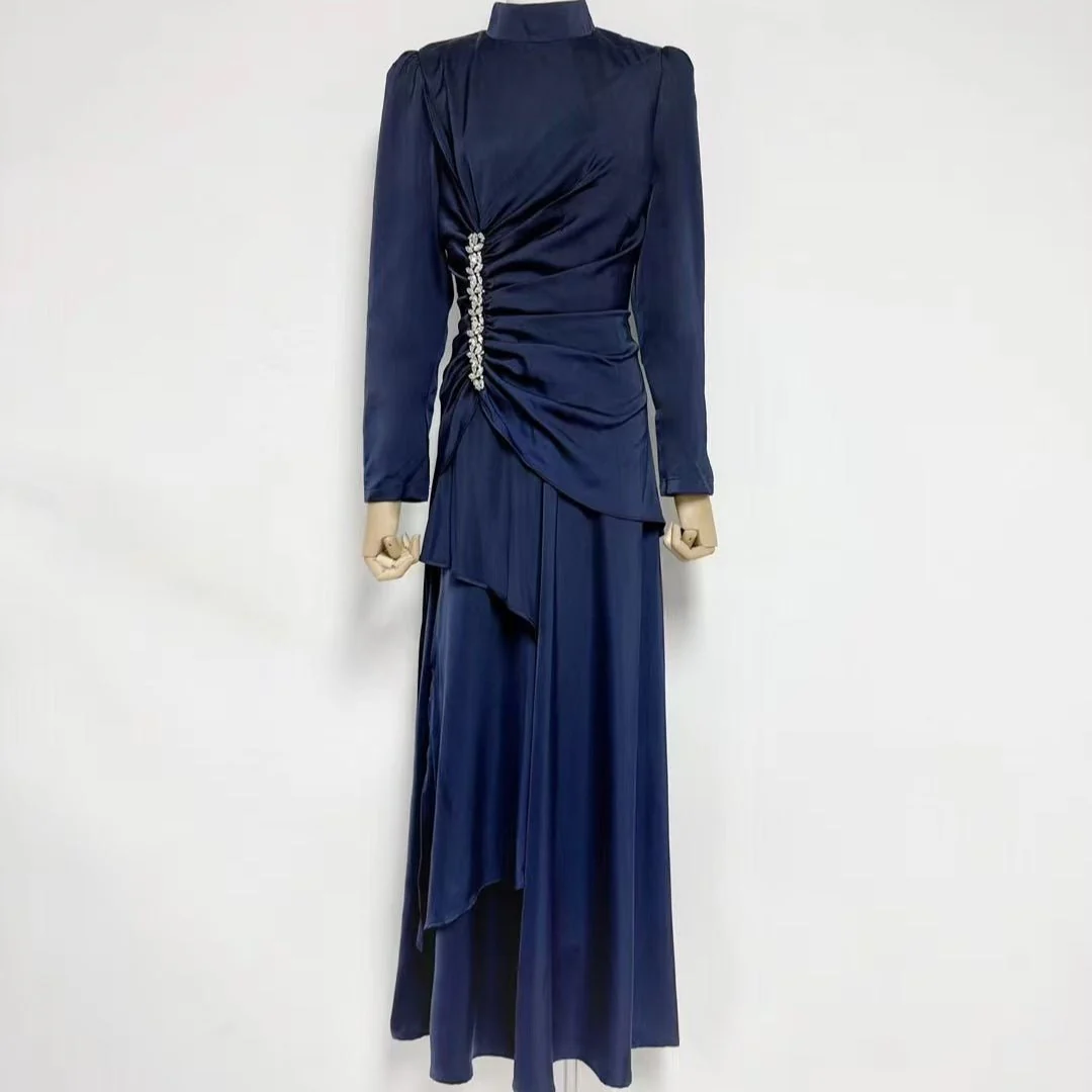 Crystal-Embellished Ruched Dress with Asymmetric Ruffle Skirt(MS346) - Image 11