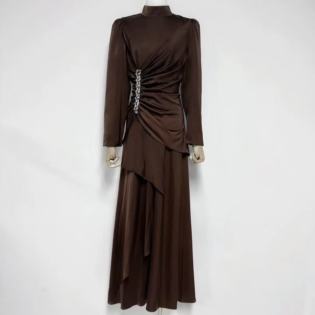 Crystal-Embellished Ruched Dress with Asymmetric Ruffle Skirt(MS346) - Image 14