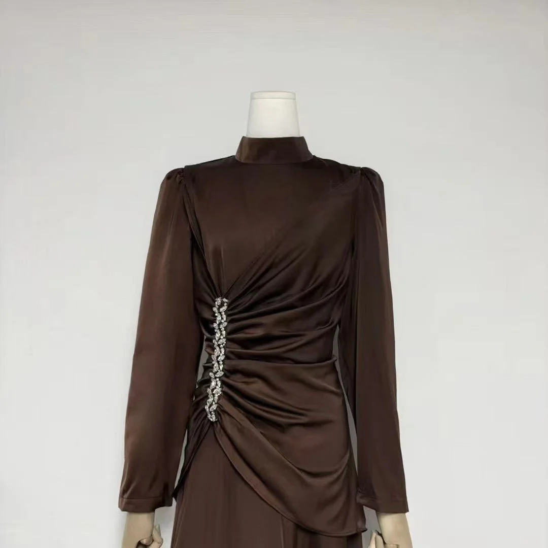 Crystal-Embellished Ruched Dress with Asymmetric Ruffle Skirt(MS346) - Image 15