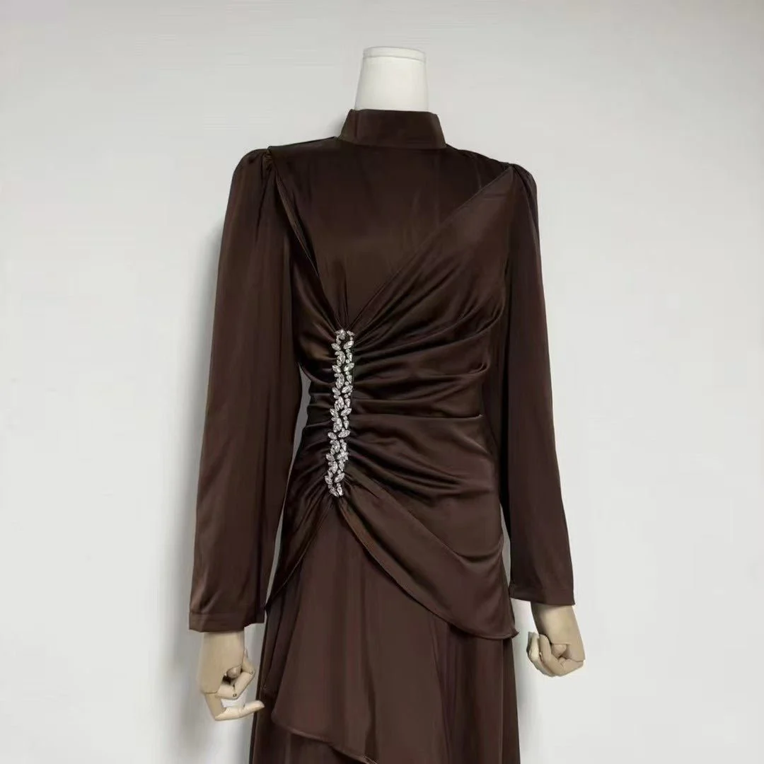Crystal-Embellished Ruched Dress with Asymmetric Ruffle Skirt(MS346) - Image 16