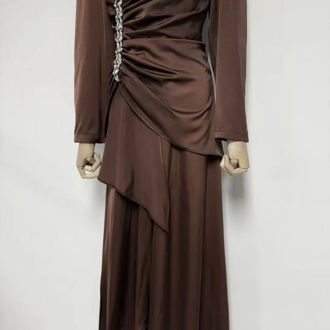 Crystal-Embellished Ruched Dress with Asymmetric Ruffle Skirt(MS346) - Image 18