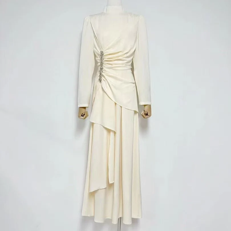 Crystal-Embellished Ruched Dress with Asymmetric Ruffle Skirt(MS346) - Image 19