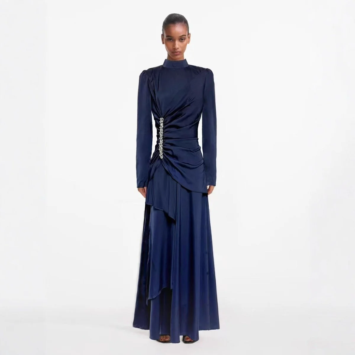 Crystal-Embellished Ruched Dress with Asymmetric Ruffle Skirt(MS346) - Image 2