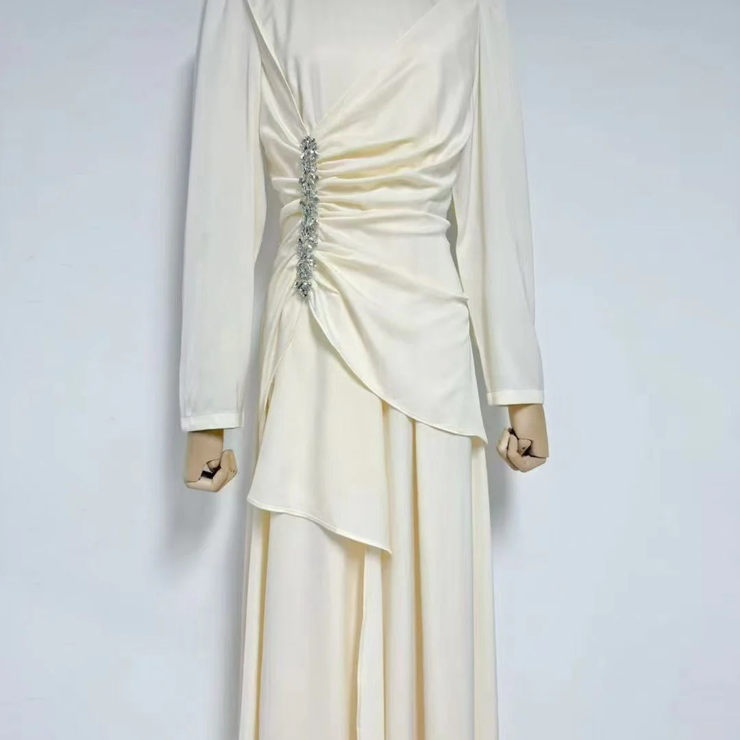 Crystal-Embellished Ruched Dress with Asymmetric Ruffle Skirt(MS346) - Image 20