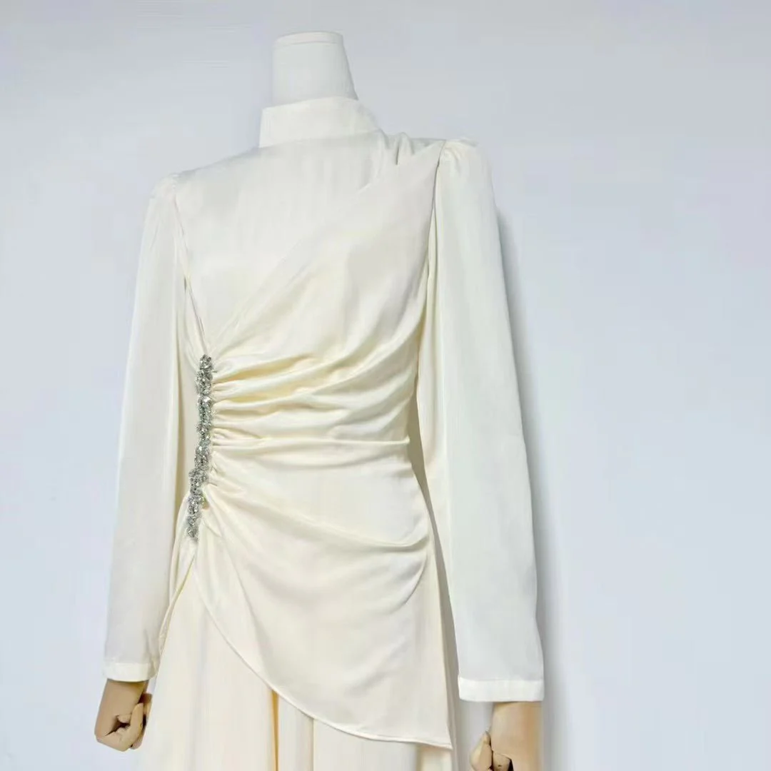 Crystal-Embellished Ruched Dress with Asymmetric Ruffle Skirt(MS346) - Image 21