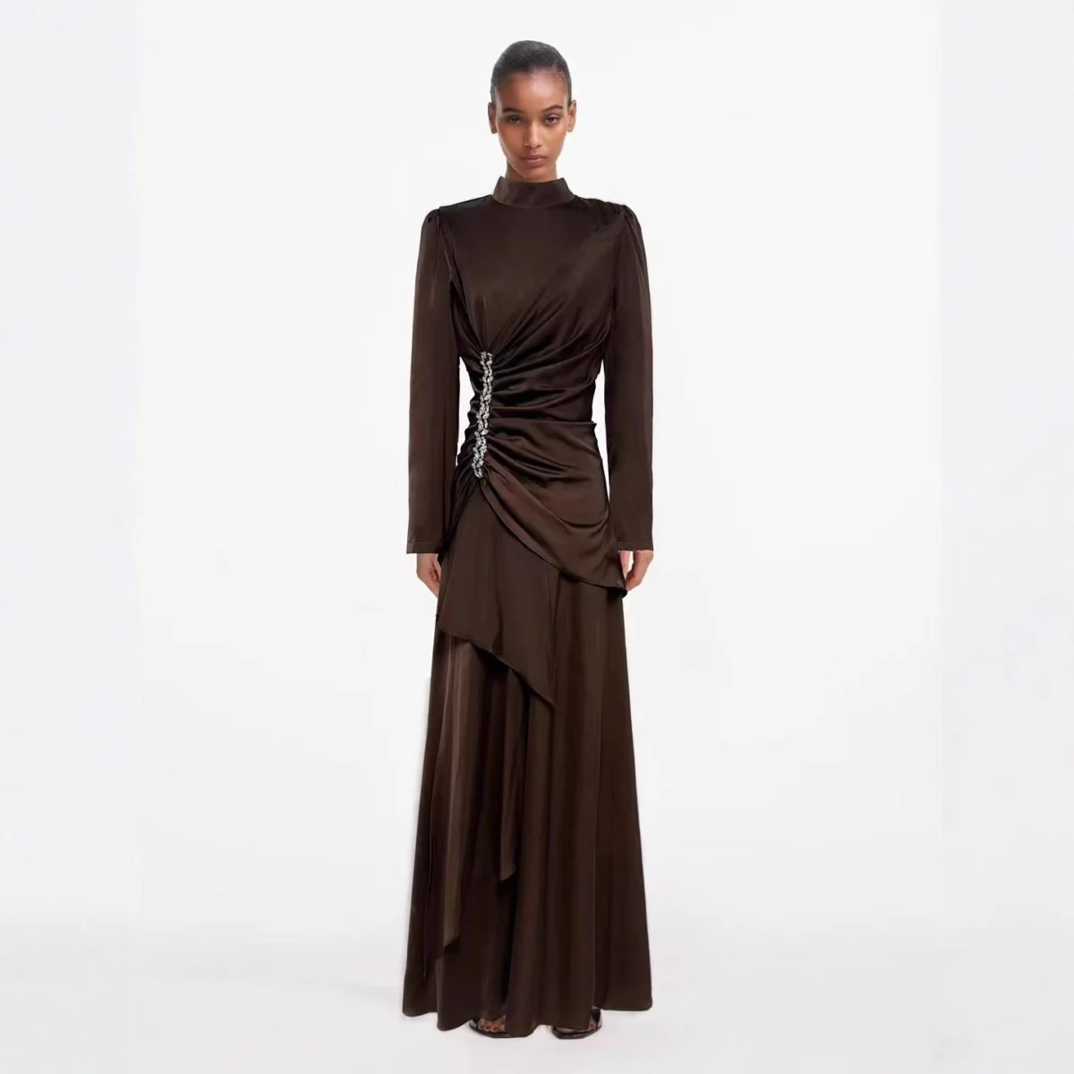 Crystal-Embellished Ruched Dress with Asymmetric Ruffle Skirt(MS346) - Image 3