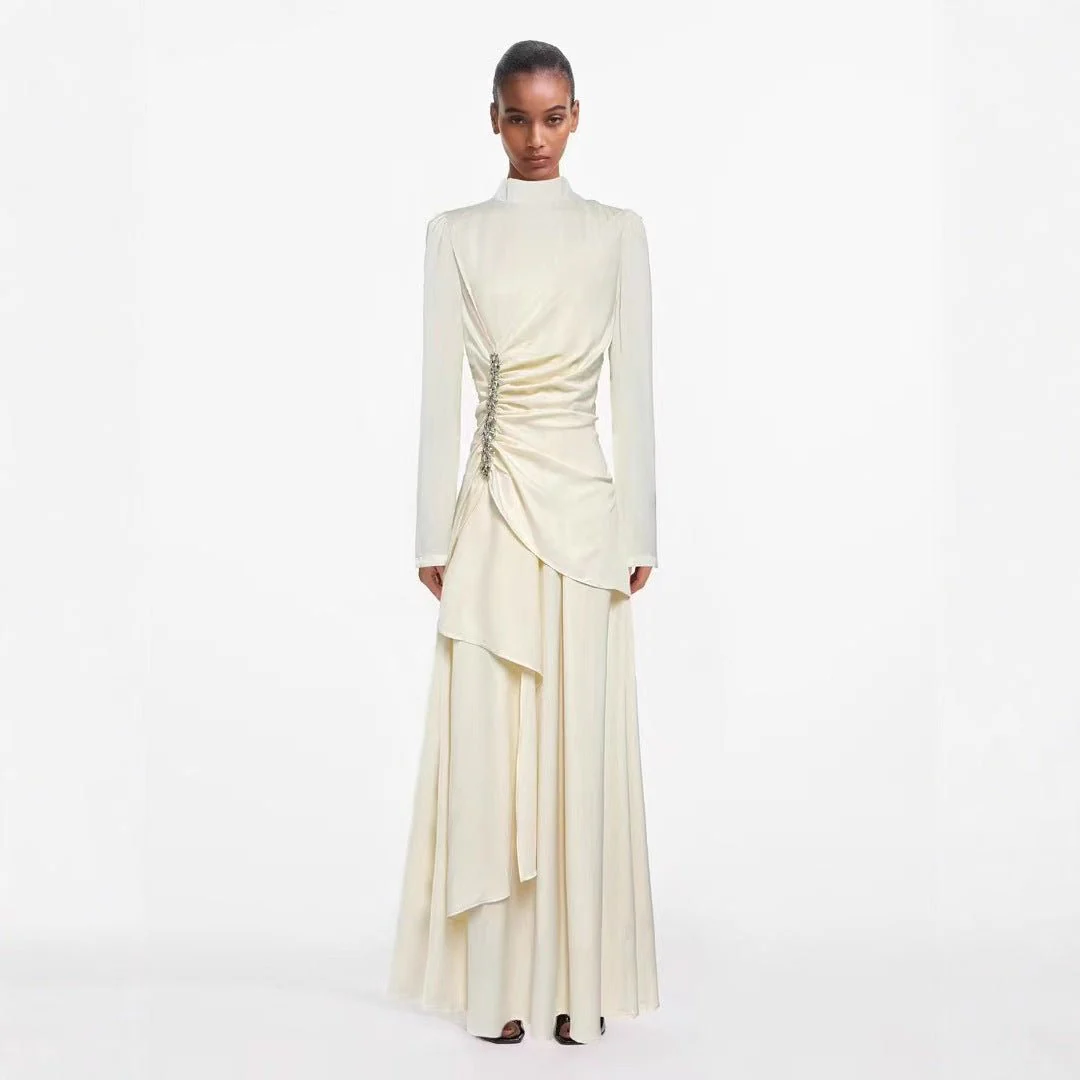 Crystal-Embellished Ruched Dress with Asymmetric Ruffle Skirt(MS346) - Image 4